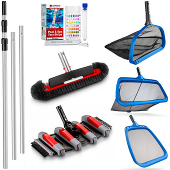 compare product Complete Pool Cleaning Kit -  13ft Pole, Vacuum, Brush, 3 Heavy-Duty Nets, Water Testing Strips