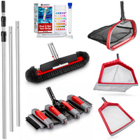Complete Pool Cleaning Kit -  13ft Pole, Vacuum, Brush, 3 Rubber Edge Nets, Water Testing Strips