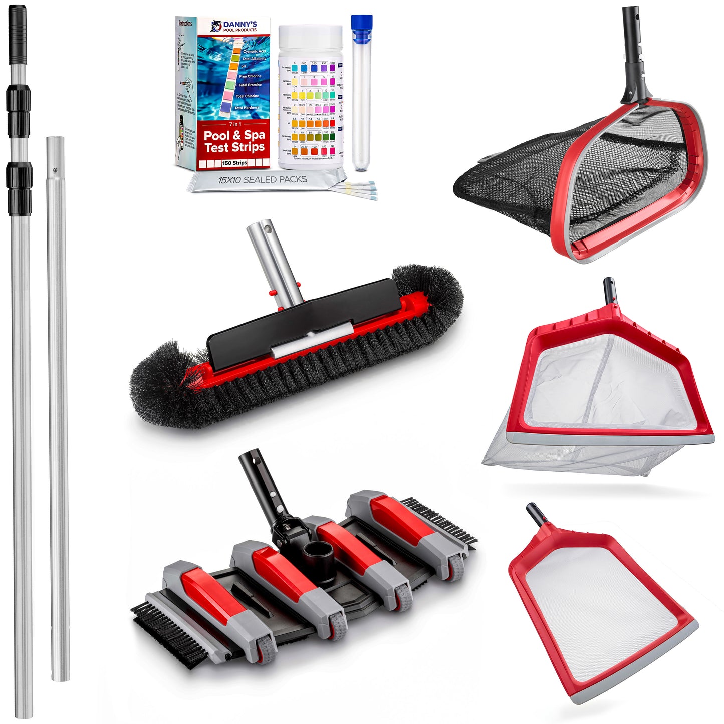 Complete Pool Cleaning Kit -  15ft Pole, Vacuum, Brush, 3 Rubber Edge Nets, Water Testing Strips