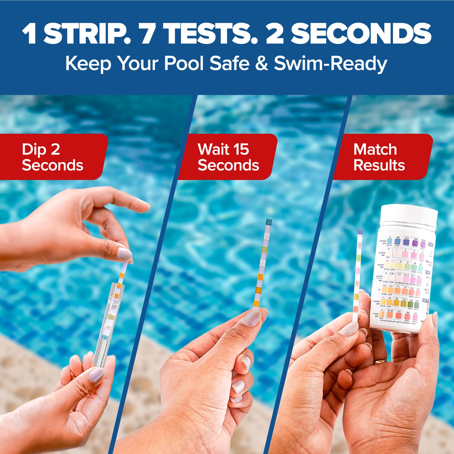 Complete Pool Cleaning Kit -  13ft Pole, Vacuum, Brush, 3 Rubber Edge Nets, Water Testing Strips